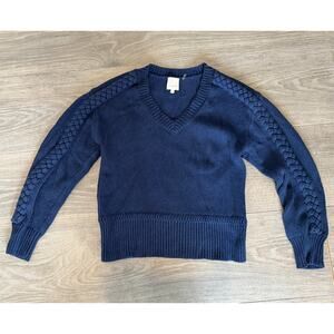 The Westside Tori V-Neck Cable Knit Cotton Sweater in Blue